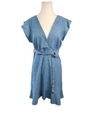 Topshop Chambray Faux Wrap Dress Sz 8 Blue Denim Flutter Sleeve Mini Belted Y2K